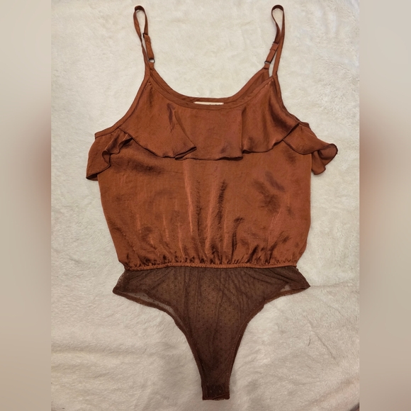 Rich Rust Color Ruffle Bodysuit Sateen - Picture 1 of 4